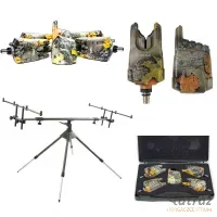 Terepmintás 4 Botos Rod Pod Szett - Carp Spirit Elektromos Kapásjelző Szett + Carp Academy Flexi Rod Pod